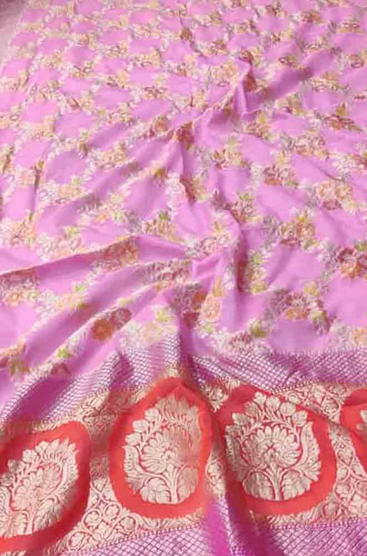 Pink Handloom Banarasi Brush Dye Pure Georgette Dupatta - Luxurion World