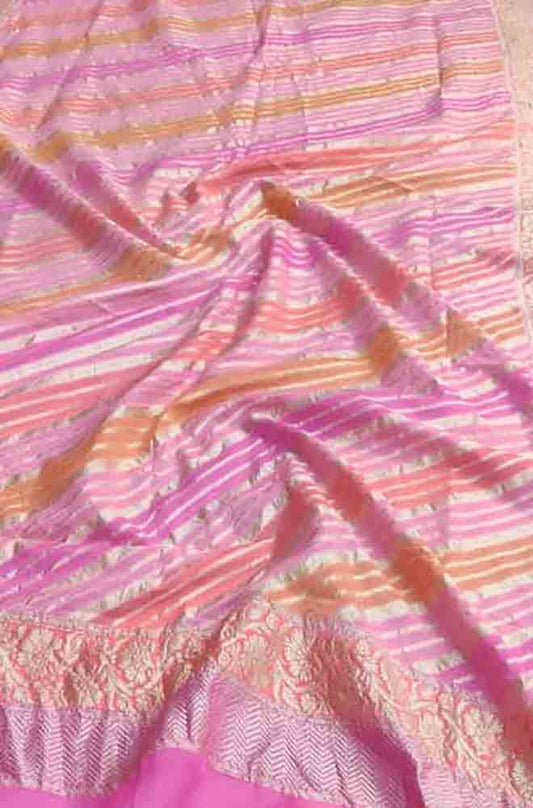 Pink Handloom Banarasi Brush Dye Pure Georgette Dupatta - Luxurion World