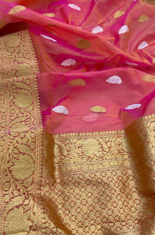 Pink Handloom Banarasi Kora Organza Silk Saree - Luxurion World