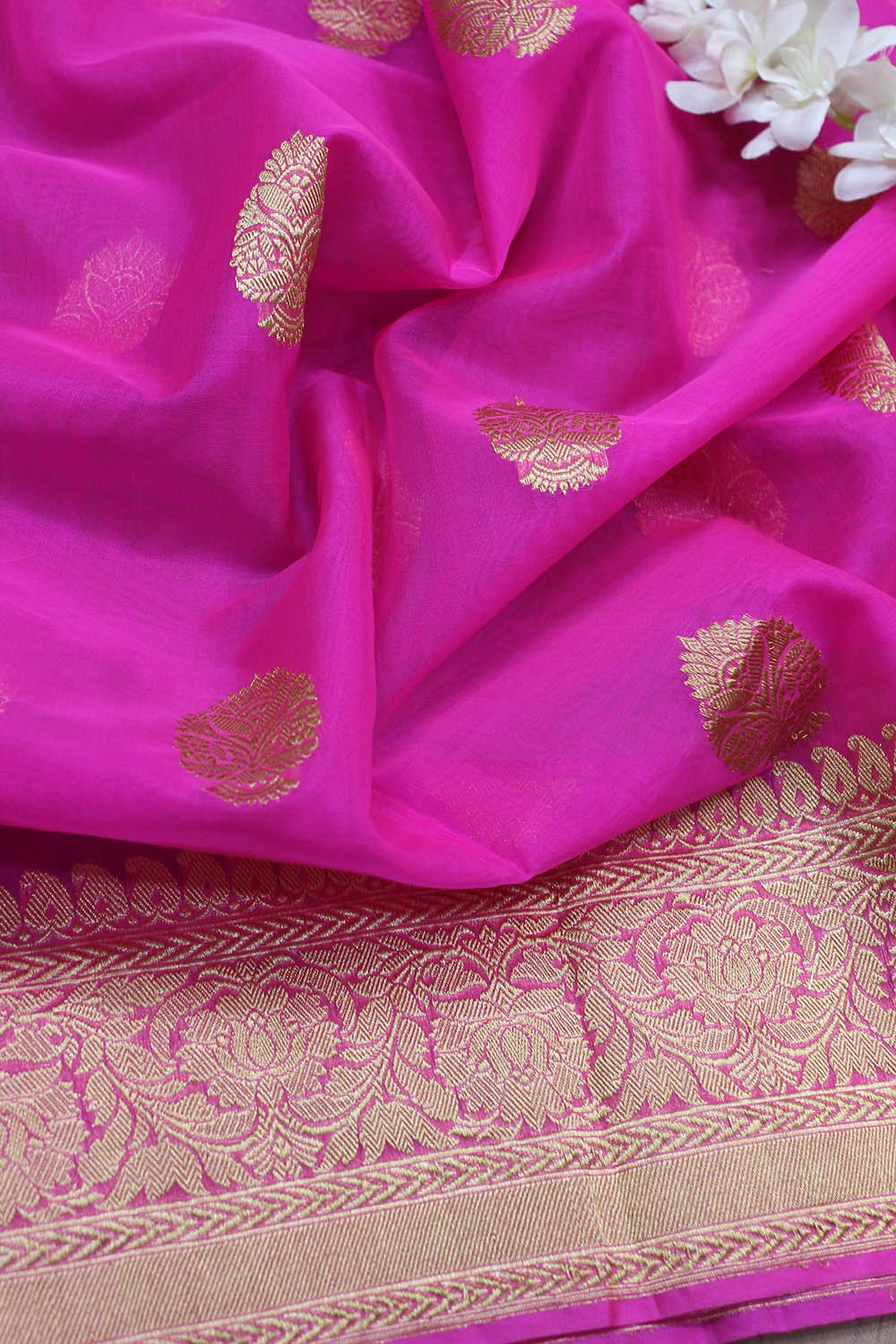Pink Handloom Banarasi Kora Silk Fabric ( 2.5 Mtr ) - Luxurion World