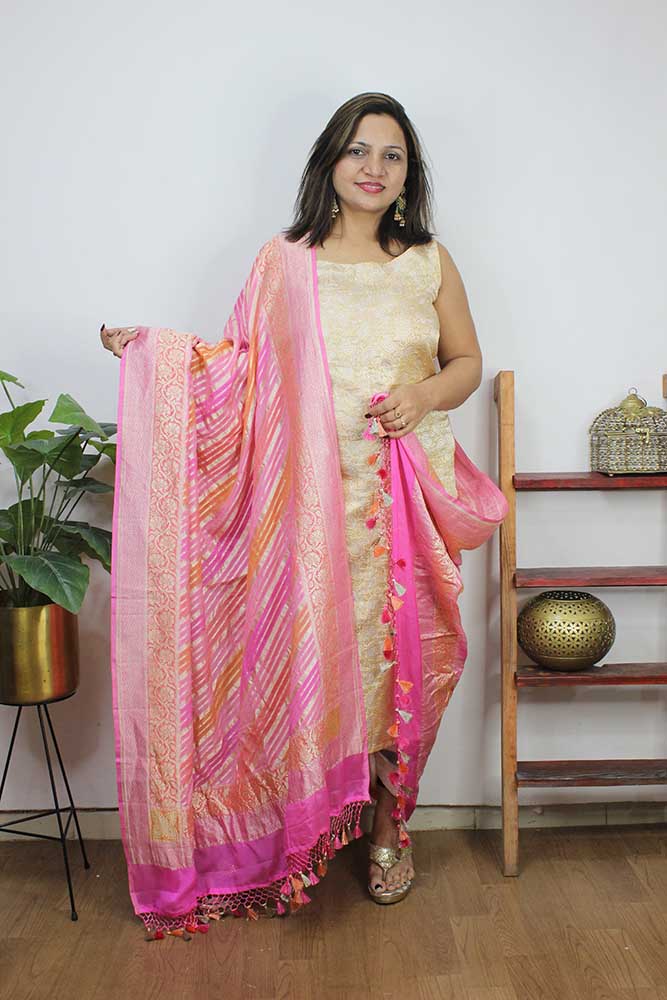 Pink Handloom Banarasi Pure Georgette Brush Dye Dupatta - Luxurion World