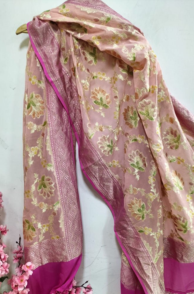 Pink Handloom Banarasi Pure Georgette Brush Dye Dupatta Luxurionworld