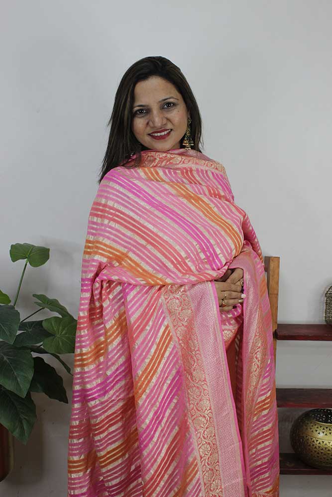 Pink Handloom Banarasi Pure Georgette Brush Dye Dupatta - Luxurion World