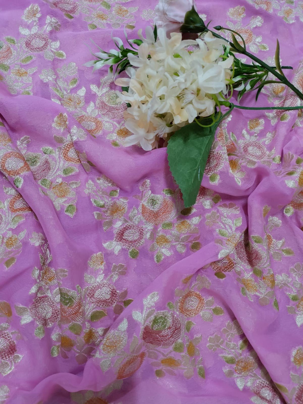 Pink Handloom Banarasi Pure Georgette Brush Dye Dupatta - Luxurion World