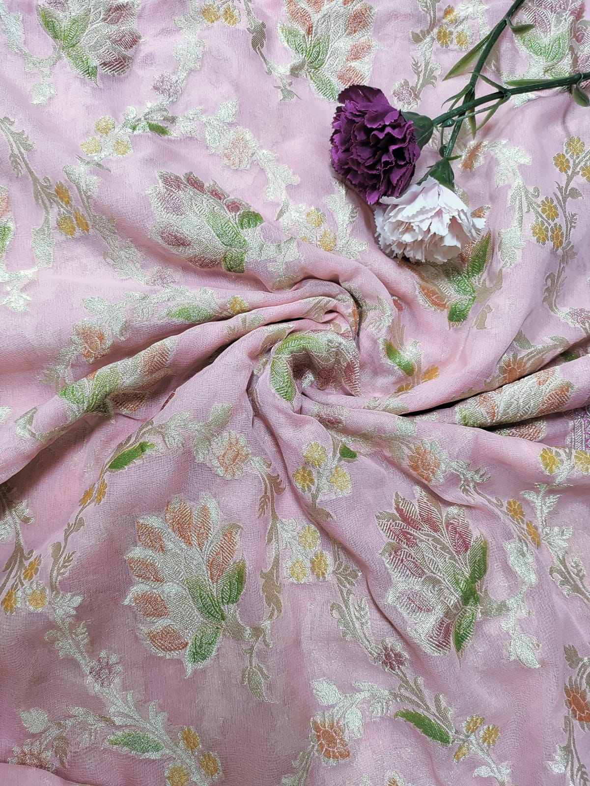 Pink Handloom Banarasi Pure Georgette Brush Dye Dupatta - Luxurion World
