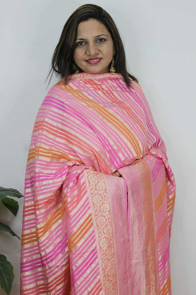 Pink Handloom Banarasi Pure Georgette Brush Dye Dupatta - Luxurion World