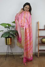 Pink Handloom Banarasi Pure Georgette Brush Dye Dupatta - Luxurion World