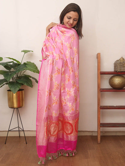 Pink Handloom Banarasi Pure Georgette Brush Dye Dupatta