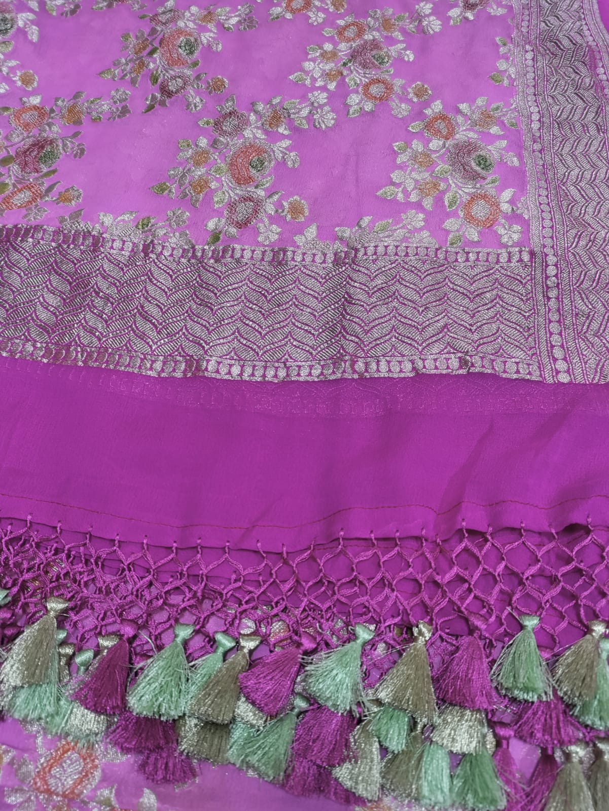 Pink Handloom Banarasi Pure Georgette Brush Dye Dupatta - Luxurion World