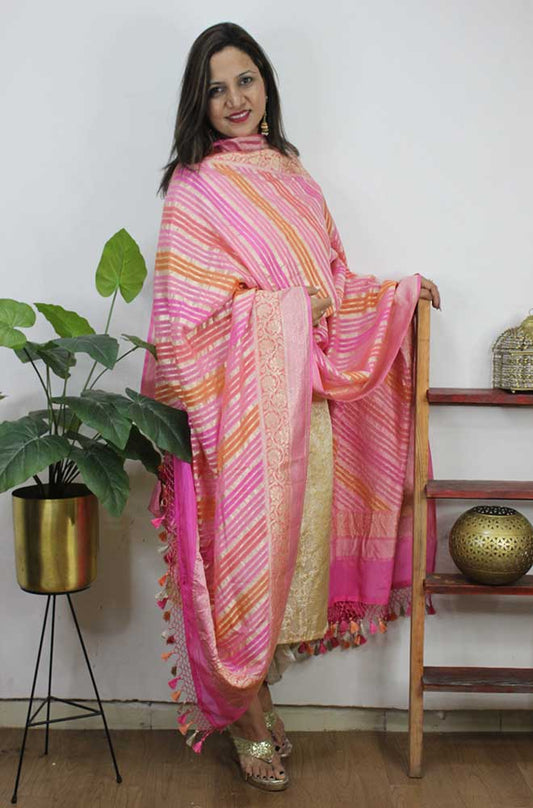 Pink Handloom Banarasi Pure Georgette Brush Dye Dupatta - Luxurion World
