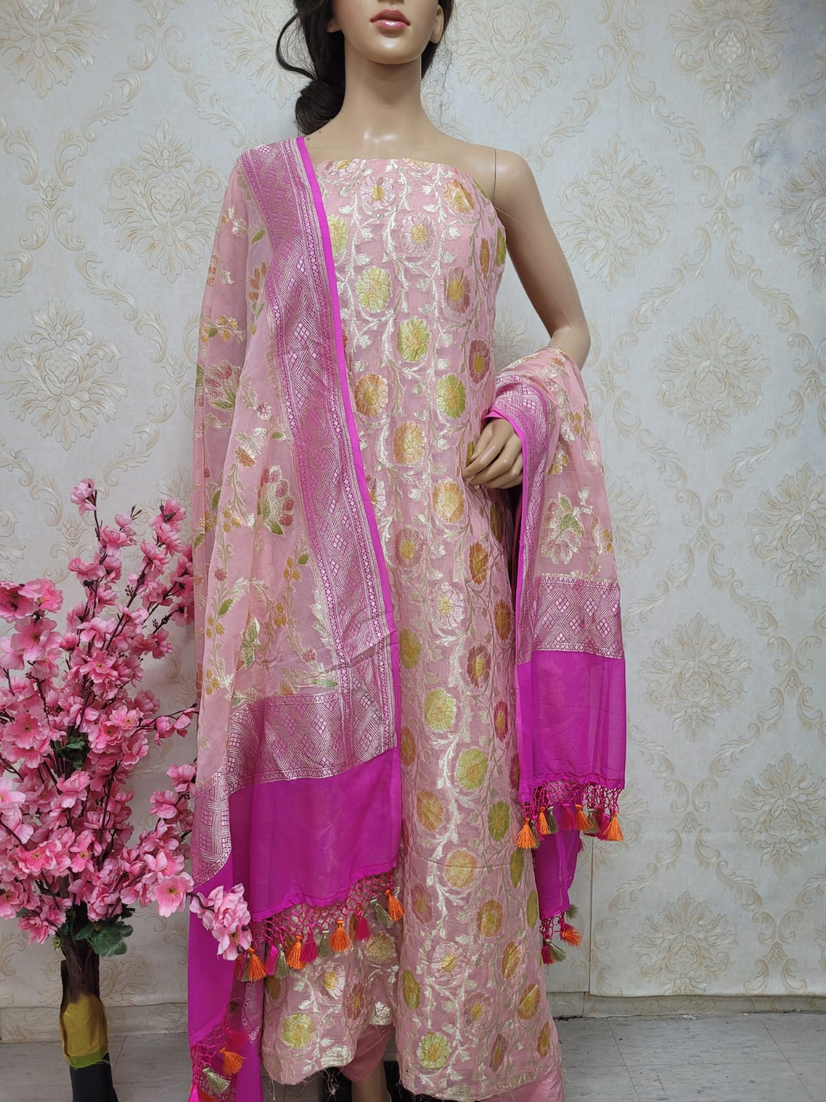 Pink Handloom Banarasi Pure Georgette Georgette Brush Dye Unstitched Suit Set - Luxurion World