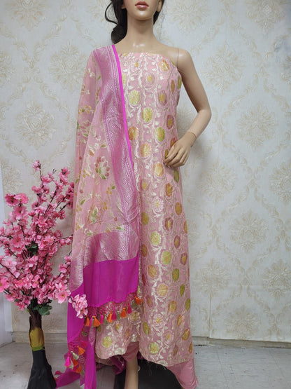 Pink Handloom Banarasi Pure Georgette Georgette Brush Dye Unstitched Suit Set Luxurionworld