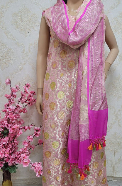 Pink Handloom Banarasi Pure Georgette Georgette Brush Dye Unstitched Suit Set Luxurionworld
