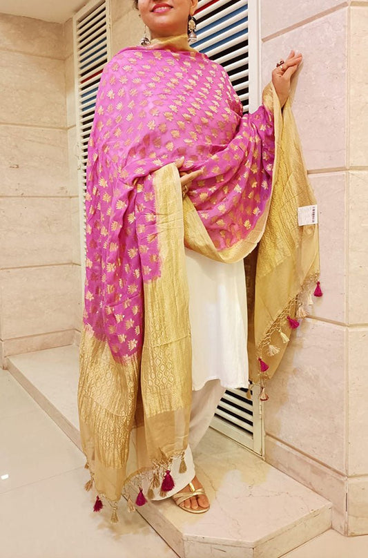 Pink Handloom Banarasi Pure Georgette Lotus Design Dupatta - Luxurion World