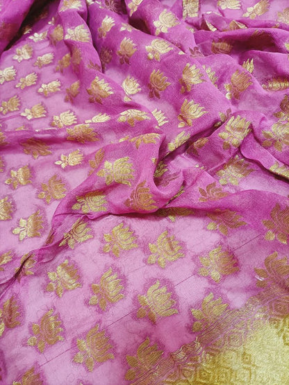 Pink Handloom Banarasi Pure Georgette Lotus Design Dupatta
