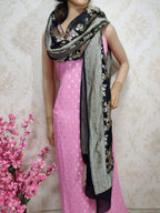 Pink Handloom Banarasi Pure Georgette Three Piece Unstitched Suit Set With Brush Dye Dupatta - Luxurion World