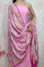 Pink Handloom Banarasi Pure Georgette Three Piece Unstitched Suit Set With Brush Dye Dupatta - Luxurion World