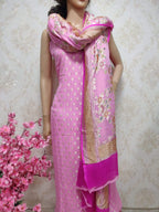 Pink Handloom Banarasi Pure Georgette Three Piece Unstitched Suit Set With Brush Dye Dupatta - Luxurion World