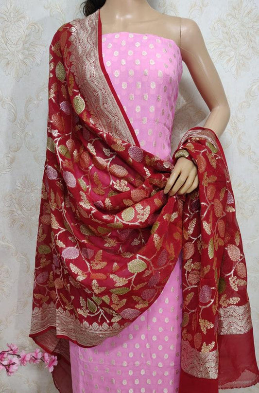 Pink Handloom Banarasi Pure Georgette Three Piece Unstitched Suit Set With Brush Dye Dupatta - Luxurion World
