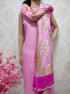 Pink Handloom Banarasi Pure Georgette Three Piece Unstitched Suit Set With Brush Dye Dupatta - Luxurion World