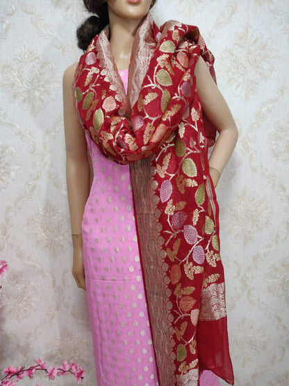 Pink Handloom Banarasi Pure Georgette Three Piece Unstitched Suit Set With Brush Dye Dupatta