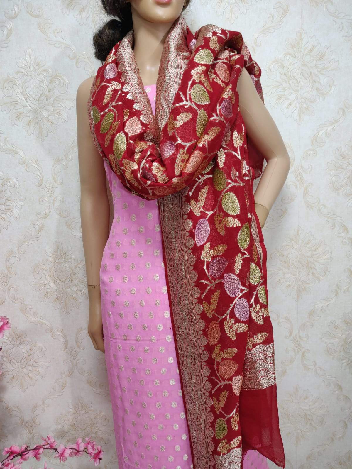 Pink Handloom Banarasi Pure Georgette Three Piece Unstitched Suit Set With Brush Dye Dupatta - Luxurion World