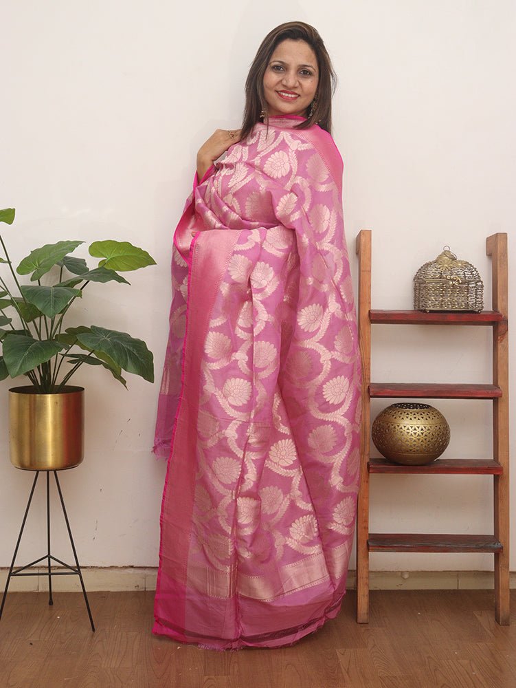 Pink Handloom Banarasi Pure Silk By Georgette Dupatta - Luxurion World