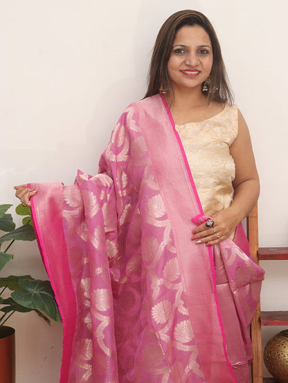 Pink Handloom Banarasi Pure Silk By Georgette Dupatta - Luxurion World
