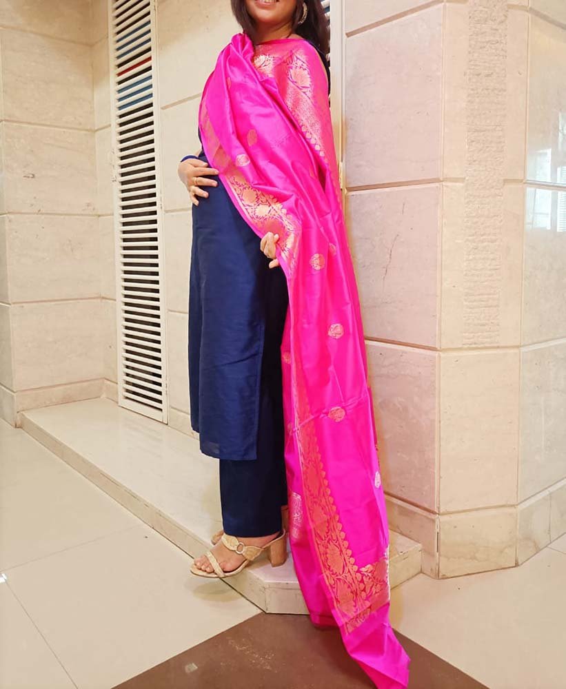 Pink Handloom Banarasi Pure Katan Silk Dupatta - Luxurion World