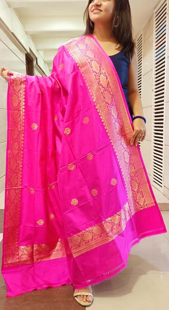 Pink Handloom Banarasi Pure Katan Silk Dupatta - Luxurion World