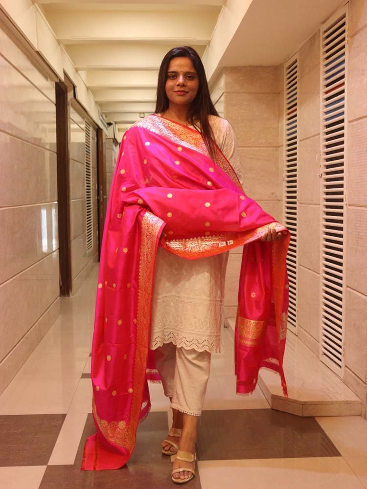 Pink Handloom Banarasi Pure Katan Silk Dupatta - Luxurion World