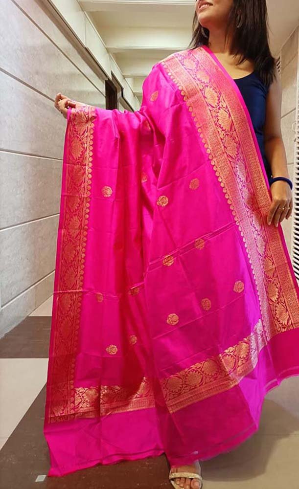 Pink Handloom Banarasi Pure Katan Silk Dupatta - Luxurion World