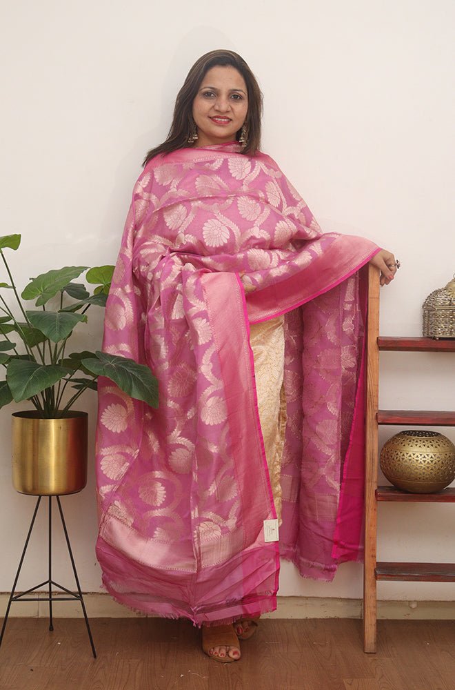 Pink Handloom Banarasi Pure Silk By Georgette Dupatta