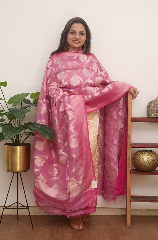 Pink Handloom Banarasi Pure Silk By Georgette Dupatta - Luxurion World