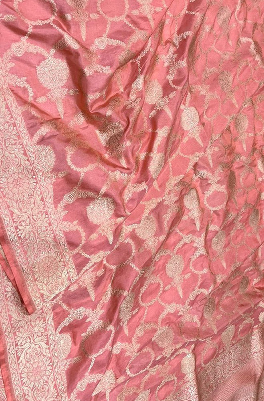 Pink Handloom Banarasi Pure Katan Silk Dupatta - Luxurion World