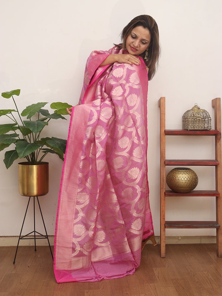 Pink Handloom Banarasi Pure Silk By Georgette Dupatta - Luxurion World