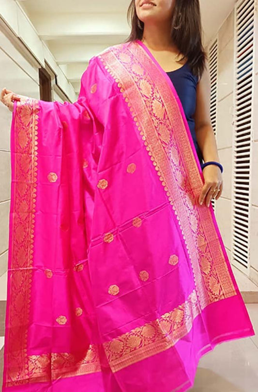 Pink Handloom Banarasi Pure Katan Silk Dupatta - Luxurion World