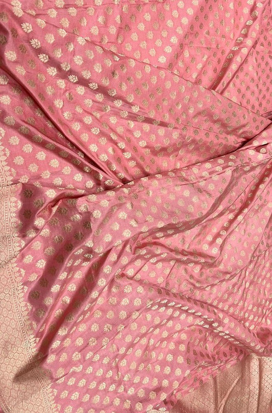 Pink Handloom Banarasi Pure Katan Silk Dupatta - Luxurion World