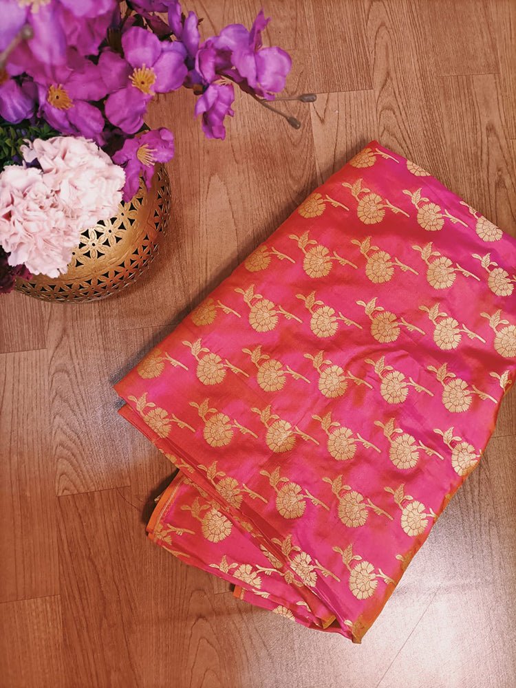 Pink Handloom Banarasi Pure Katan Silk Floral Design Fabric (1Mtr) Luxurionworld