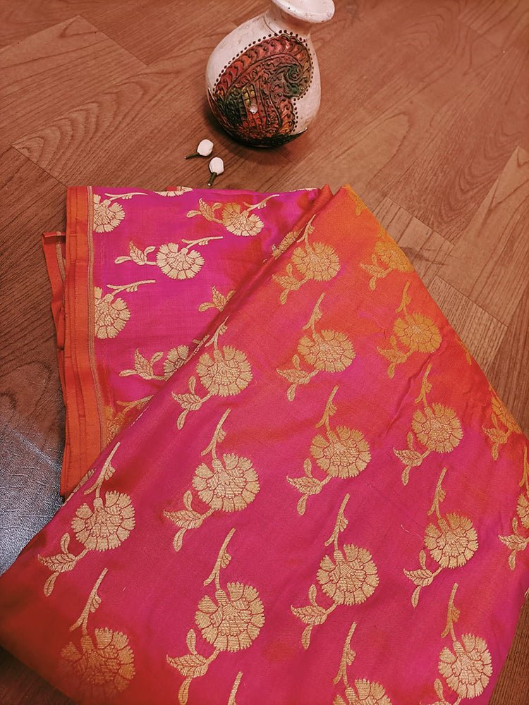 Pink Handloom Banarasi Pure Katan Silk Floral Design Fabric (0.5 Mtr) - Luxurion World