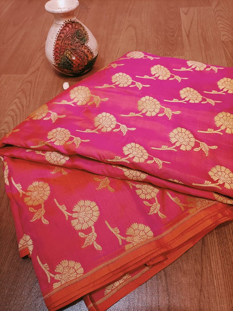 Pink Handloom Banarasi Pure Katan Silk Floral Design Fabric (0.5 Mtr) - Luxurion World