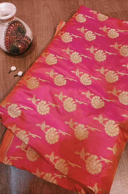Pink Handloom Banarasi Pure Katan Silk Floral Design Fabric (0.5 Mtr) - Luxurion World