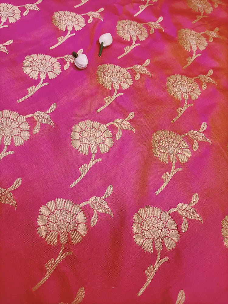 Pink Handloom Banarasi Pure Katan Silk Floral Design Fabric (0.5 Mtr) - Luxurion World