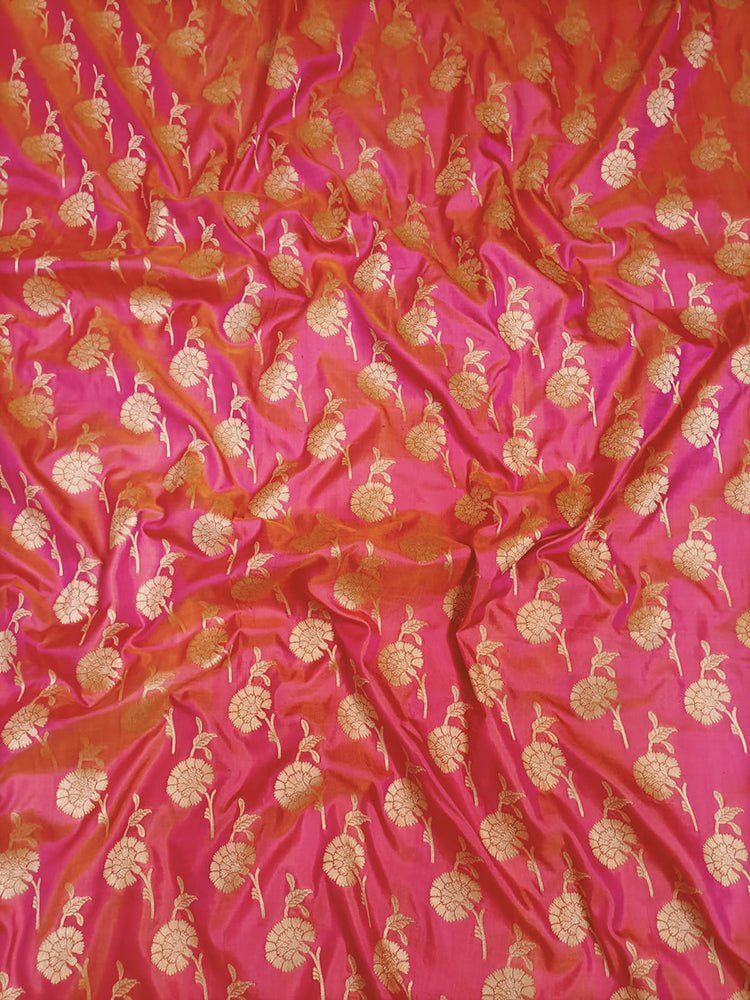 Pink Handloom Banarasi Pure Katan Silk Floral Design Fabric (0.5 Mtr) - Luxurion World