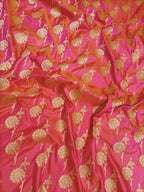 Pink Handloom Banarasi Pure Katan Silk Floral Design Fabric (0.5 Mtr) - Luxurion World