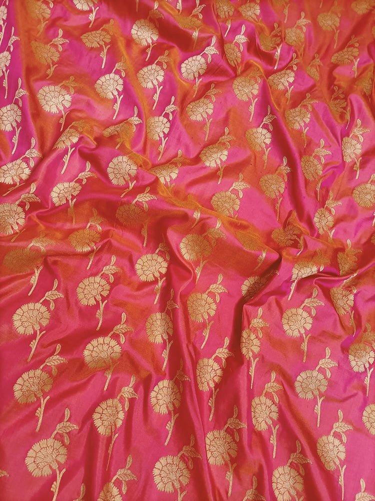 Pink Handloom Banarasi Pure Katan Silk Floral Design Fabric (0.5 Mtr) - Luxurion World