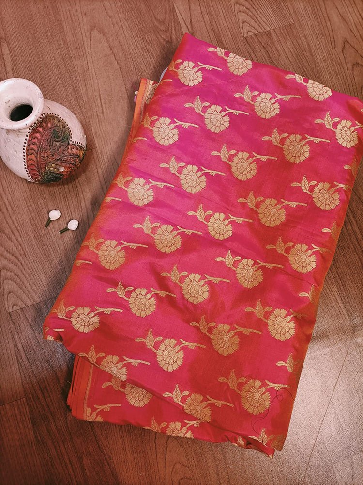 Pink Handloom Banarasi Pure Katan Silk Floral Design Fabric (0.5 Mtr) - Luxurion World