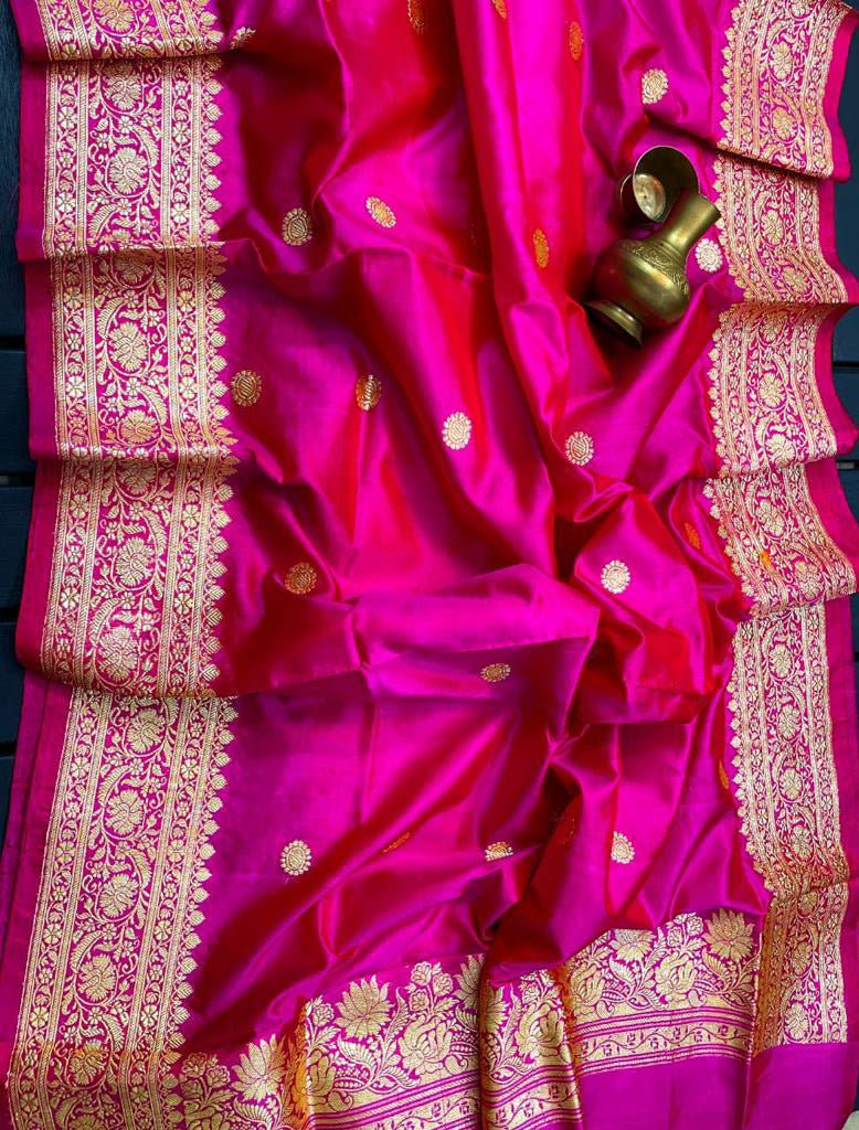 Pink Handloom Banarasi Pure Katan Silk Kadwa Dupatta - Luxurion World