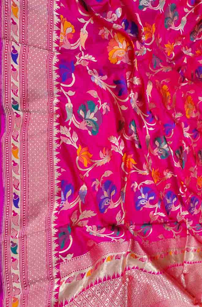 Pink Handloom Banarasi Pure Katan Silk Meenakari Dupatta - Luxurion World