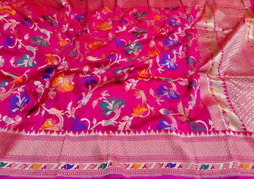 Pink Handloom Banarasi Pure Katan Silk Meenakari Dupatta - Luxurion World